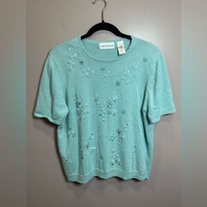 Alfred Dunner Coastal Grandma Light Blue Floral Embellished Short Sleeve Sweater